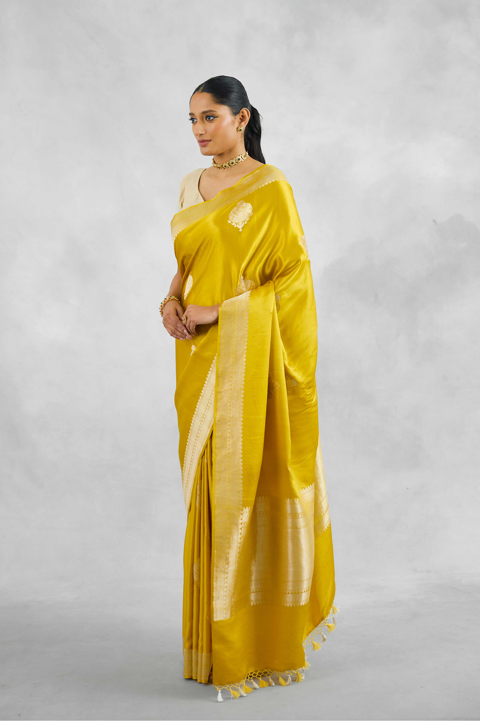 British Yellow Mashru Silk Saree