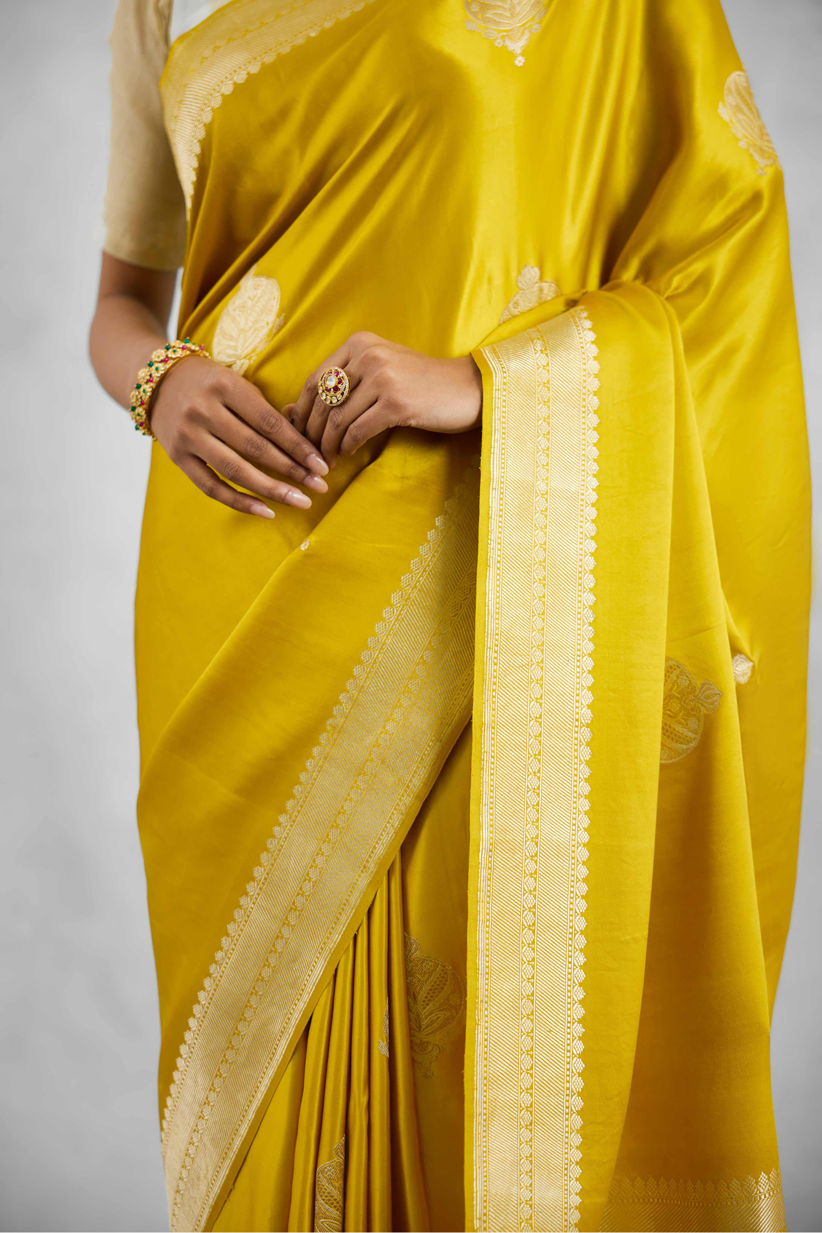 British Yellow Mashru Silk Saree