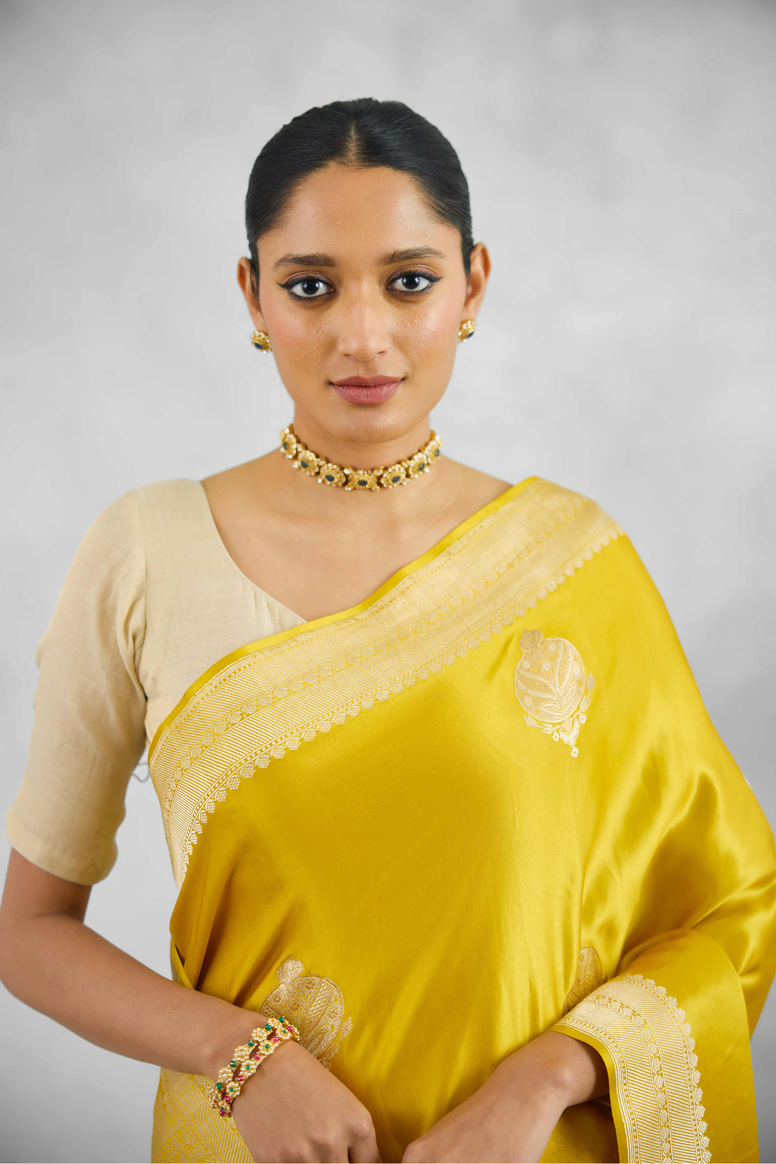 British Yellow Mashru Silk Saree