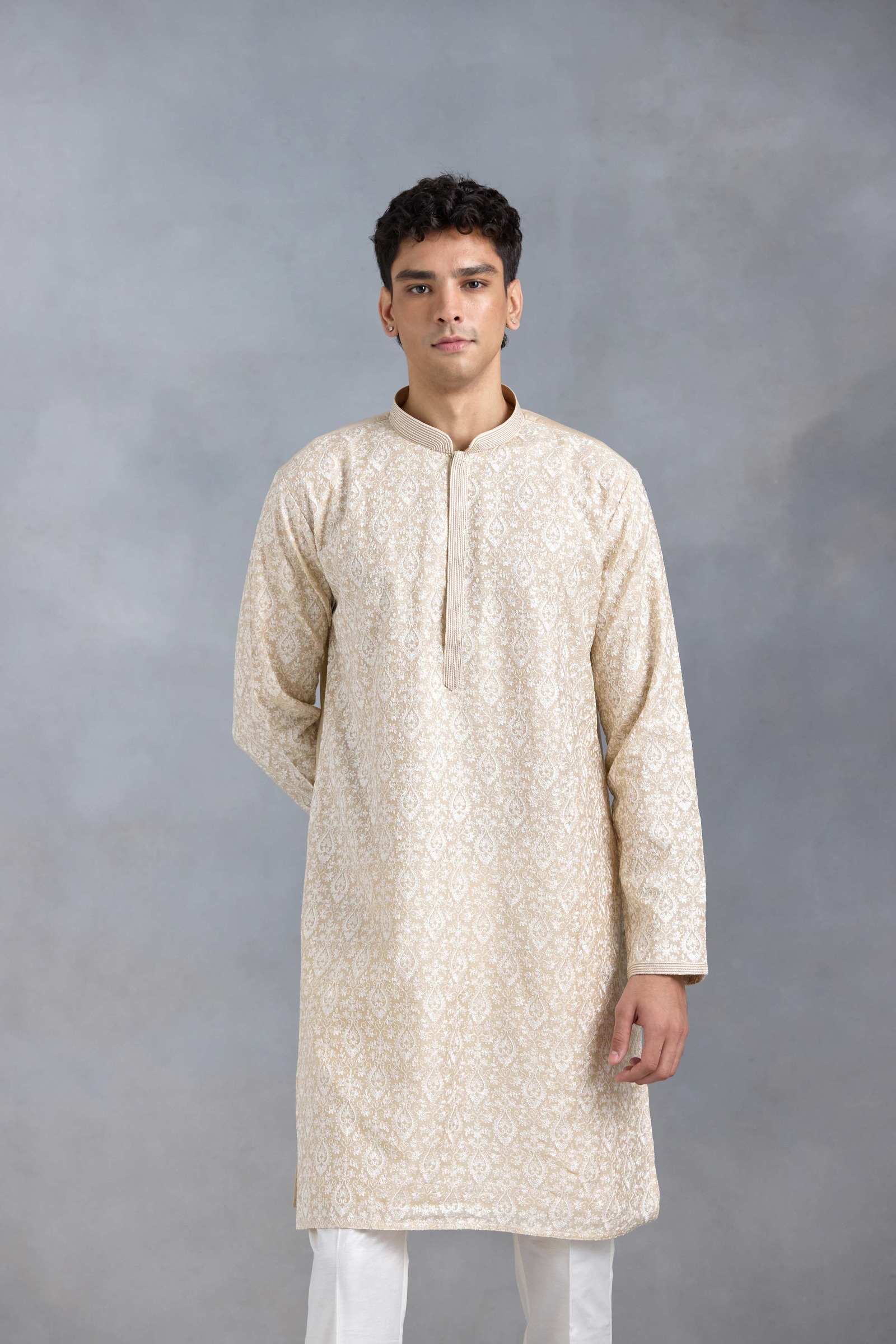 Beige Threadwork Kurta Set