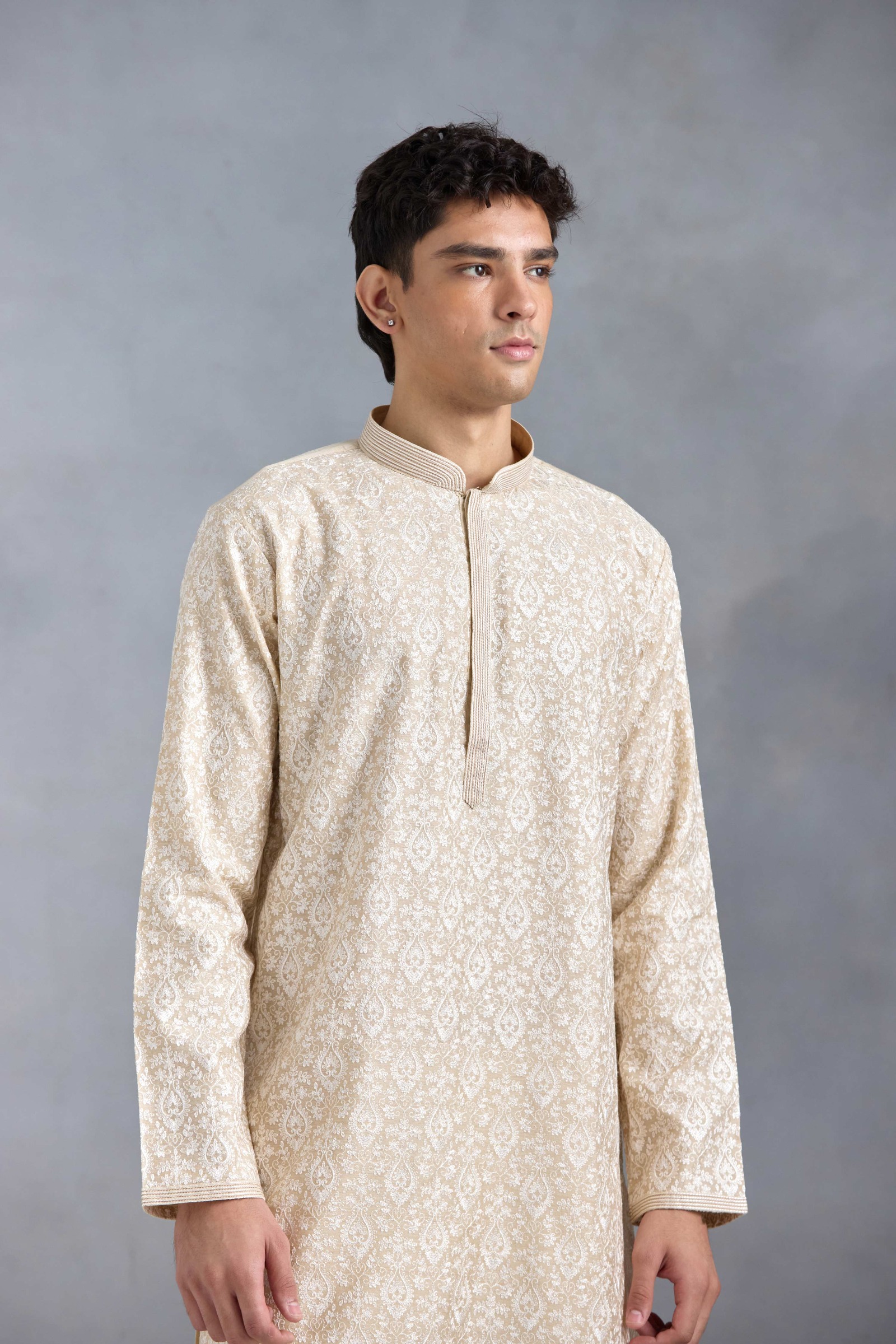 Beige Threadwork Kurta Set
