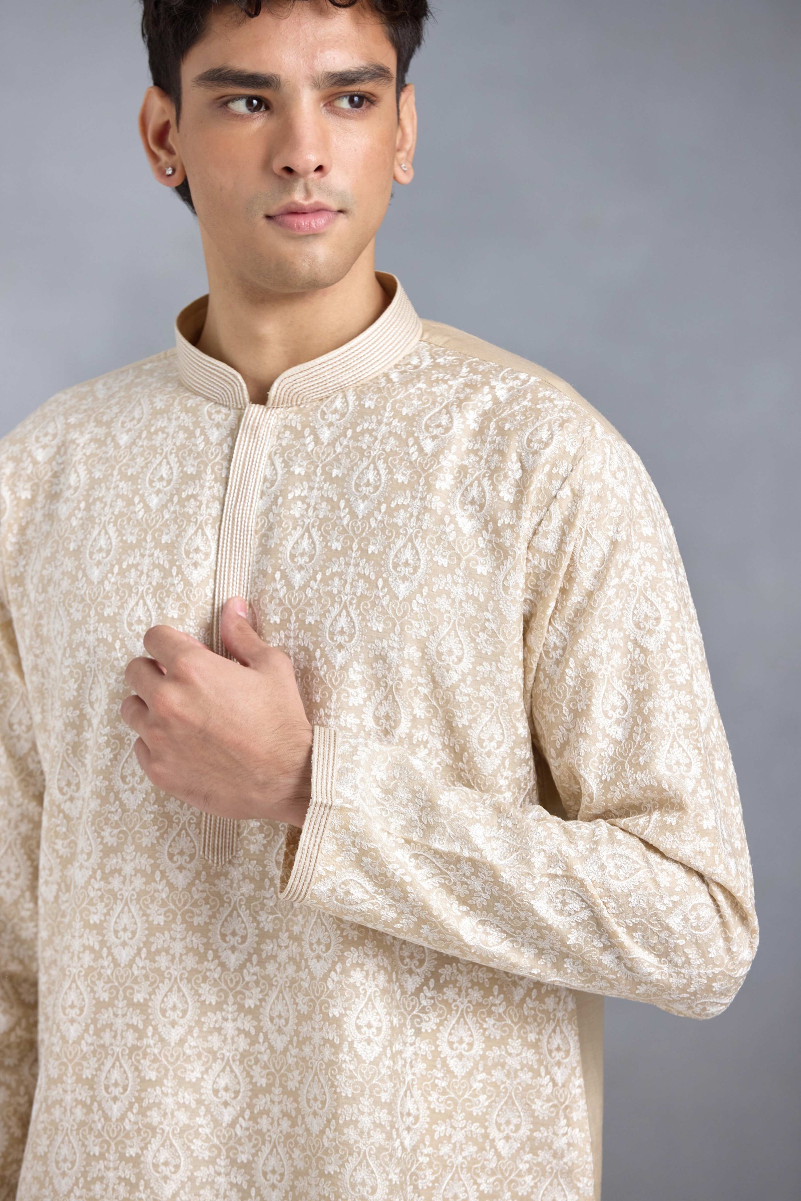 Beige Threadwork Kurta Set