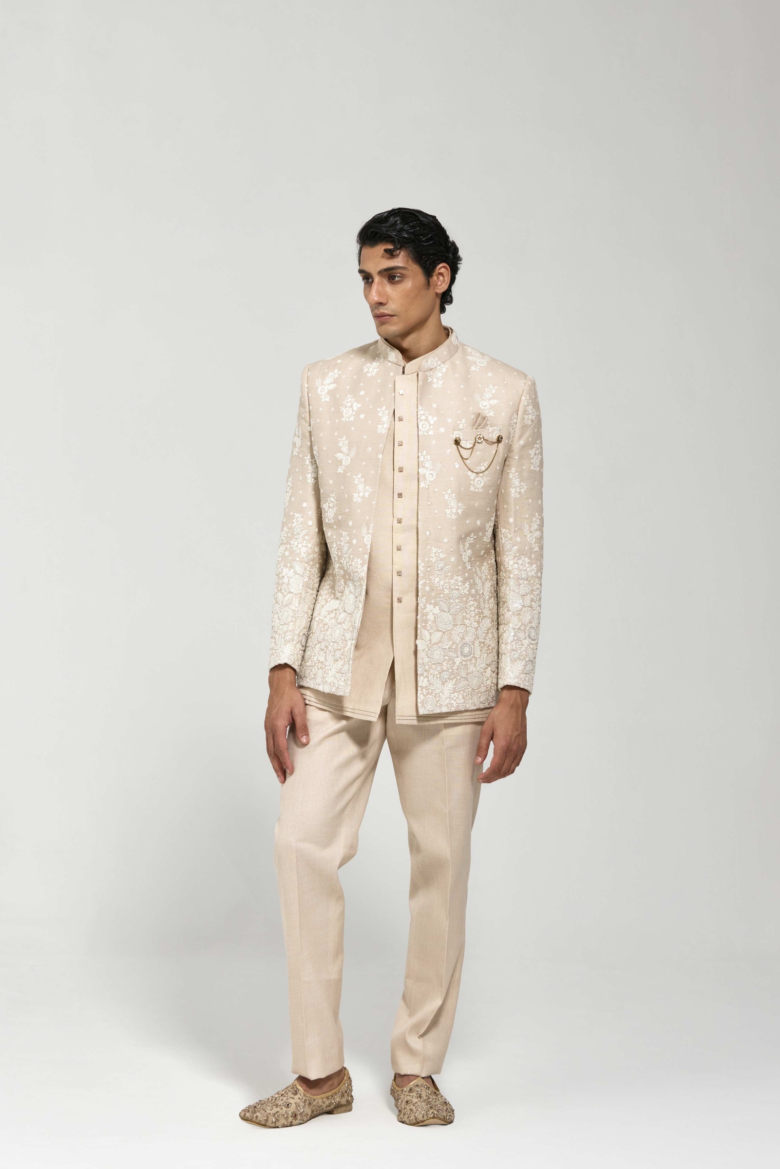 Beige Floral Half Jacket Set