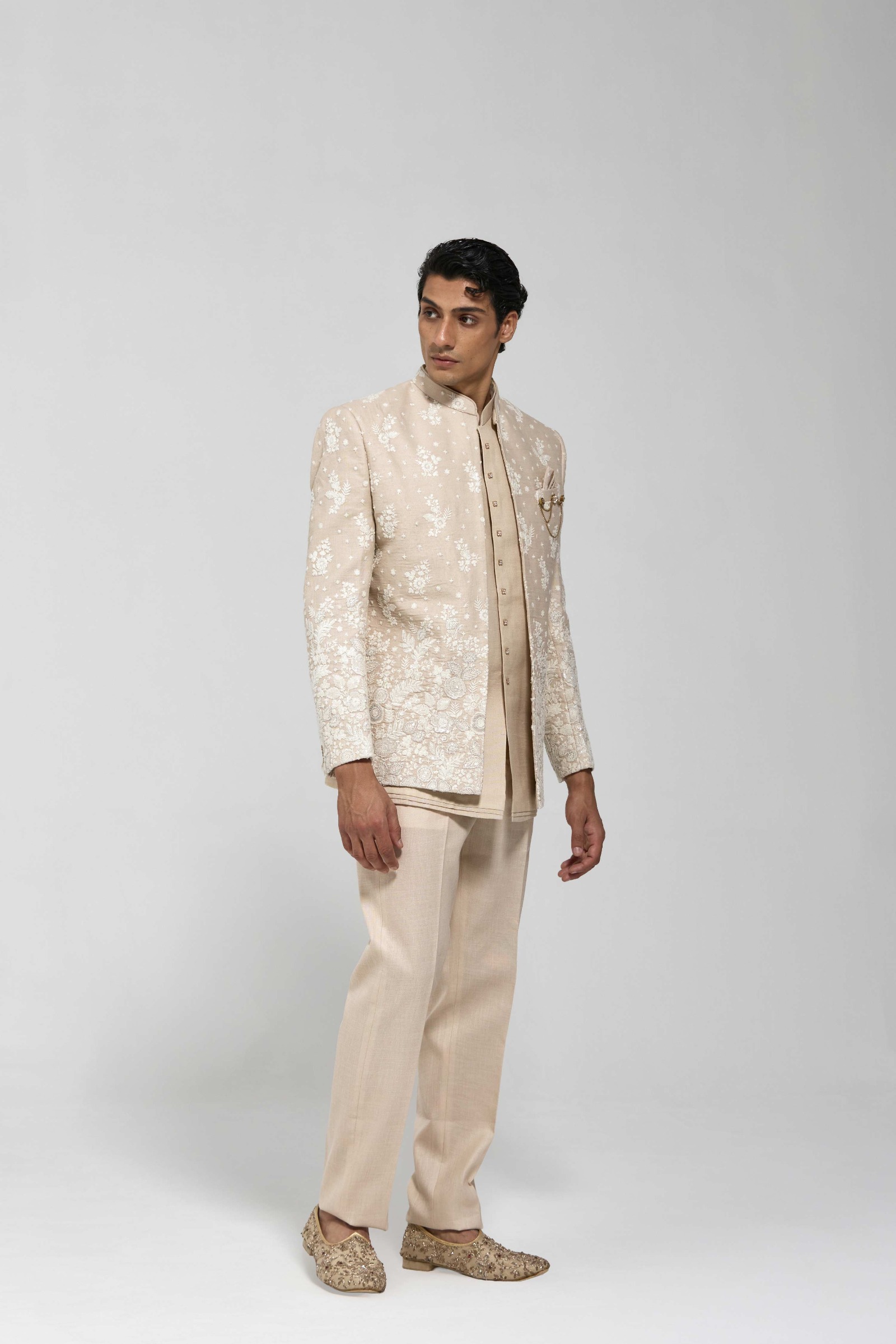 Beige Floral Half Jacket Set