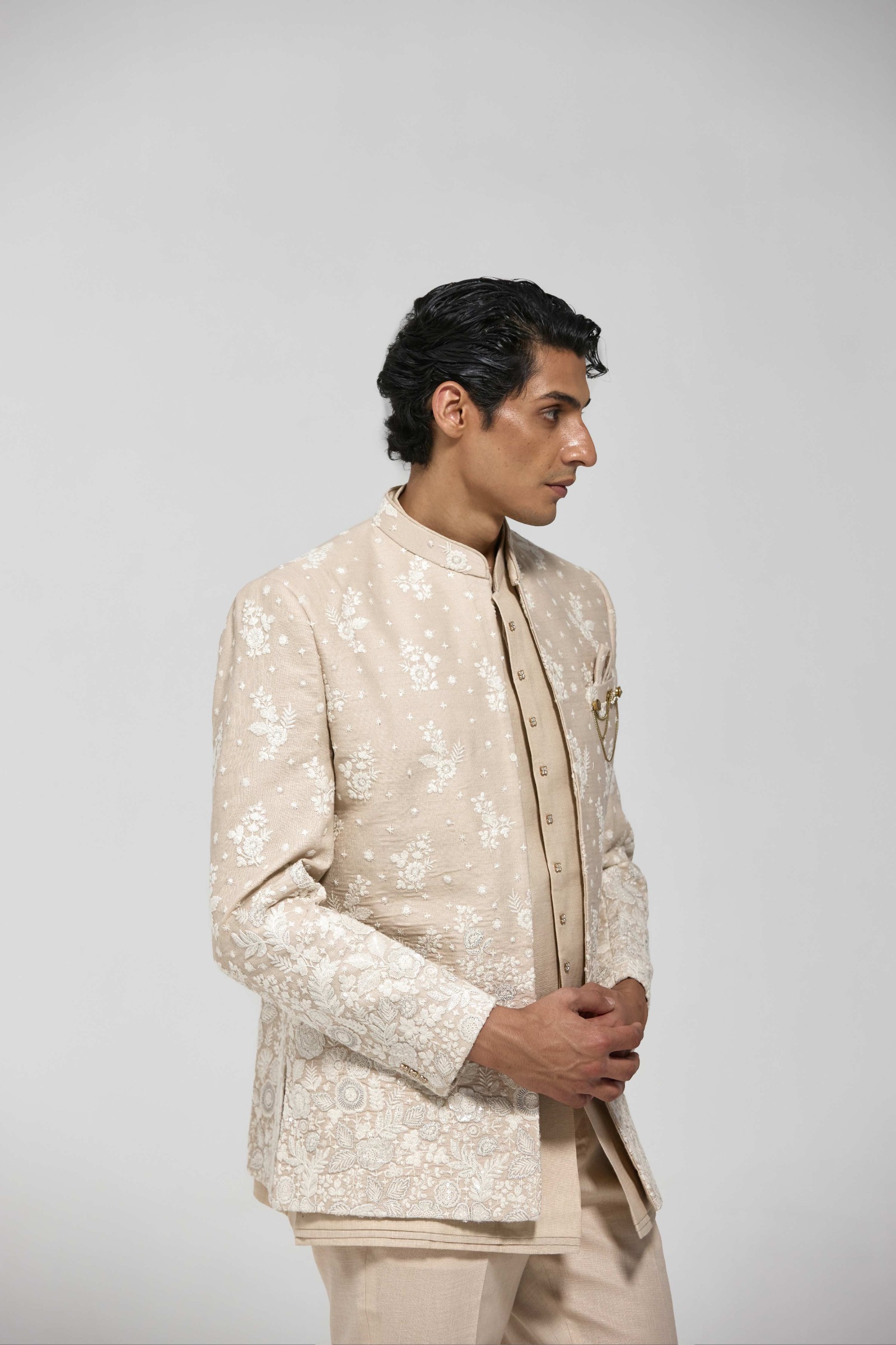 Beige Floral Half Jacket Set