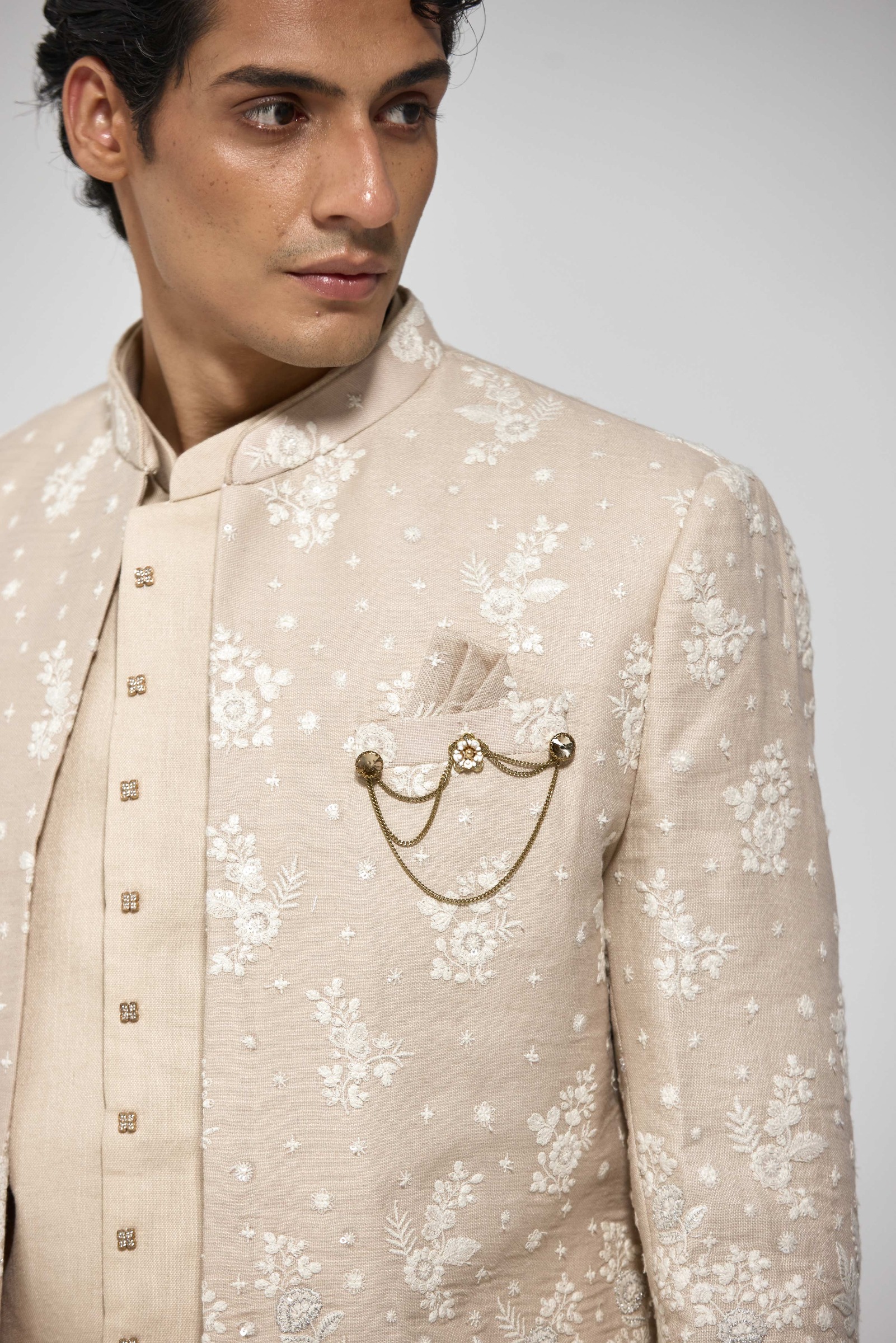 Beige Floral Half Jacket Set