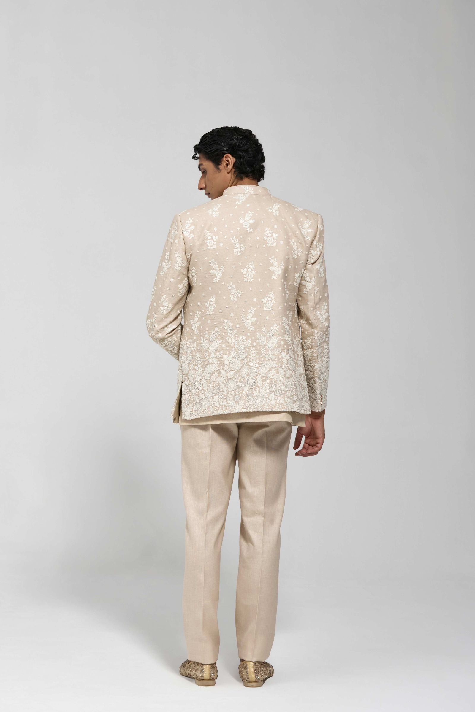 Beige Floral Half Jacket Set
