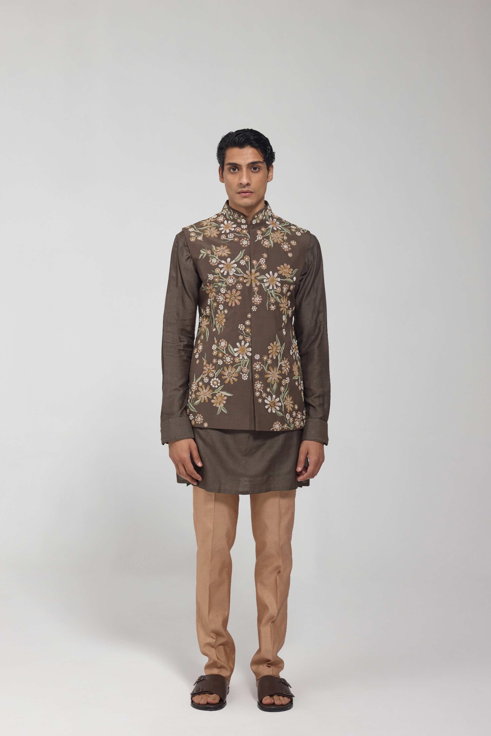 Olive Green Dupion Silk Embroidered Half Jacket Set