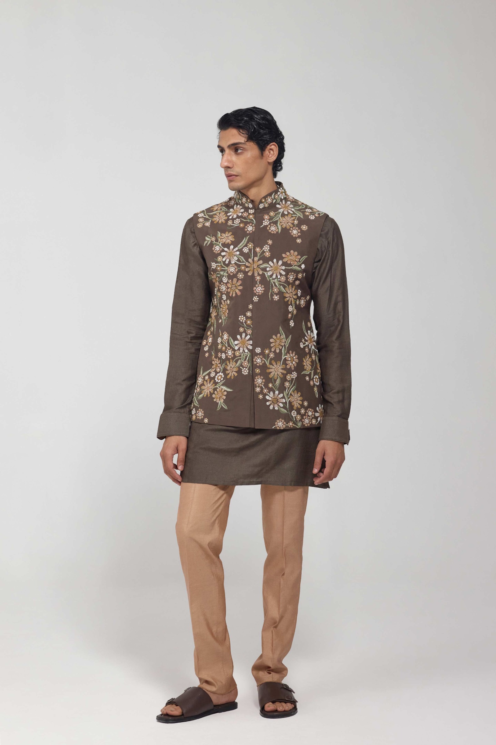 Olive Green Dupion Silk Embroidered Half Jacket Set