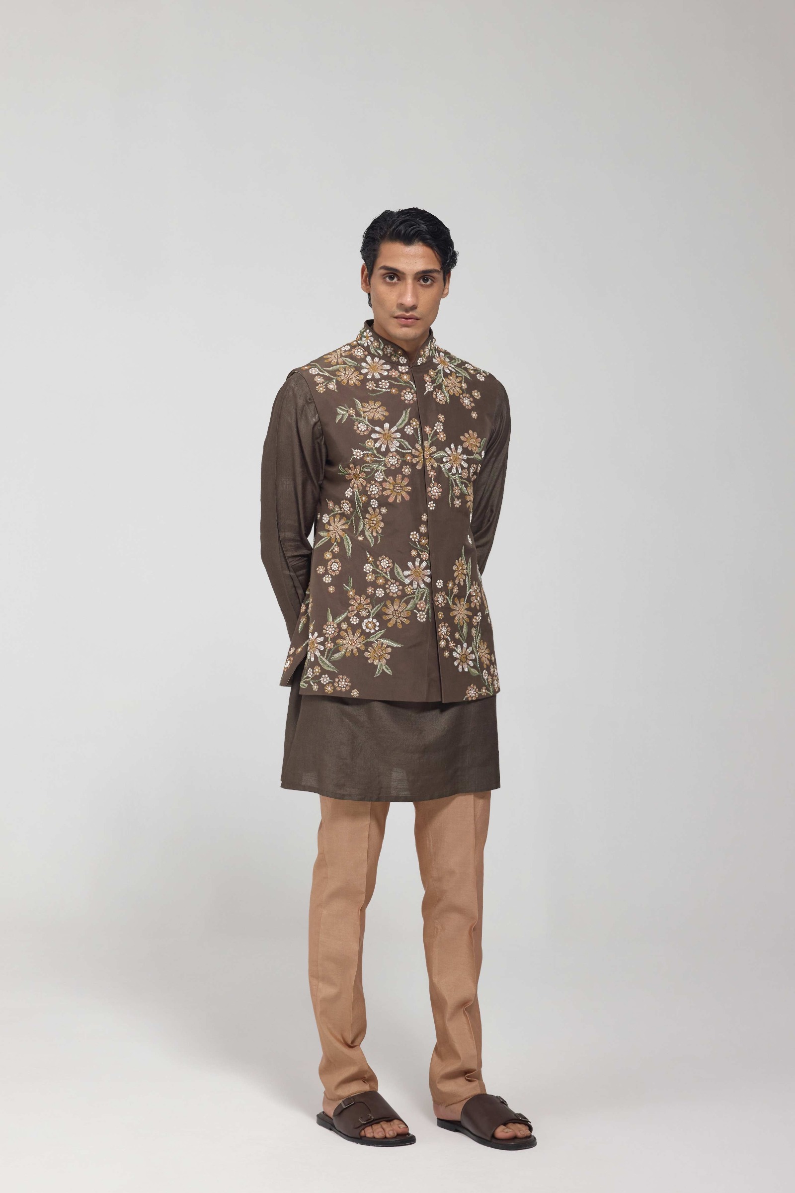 Olive Green Dupion Silk Embroidered Half Jacket Set