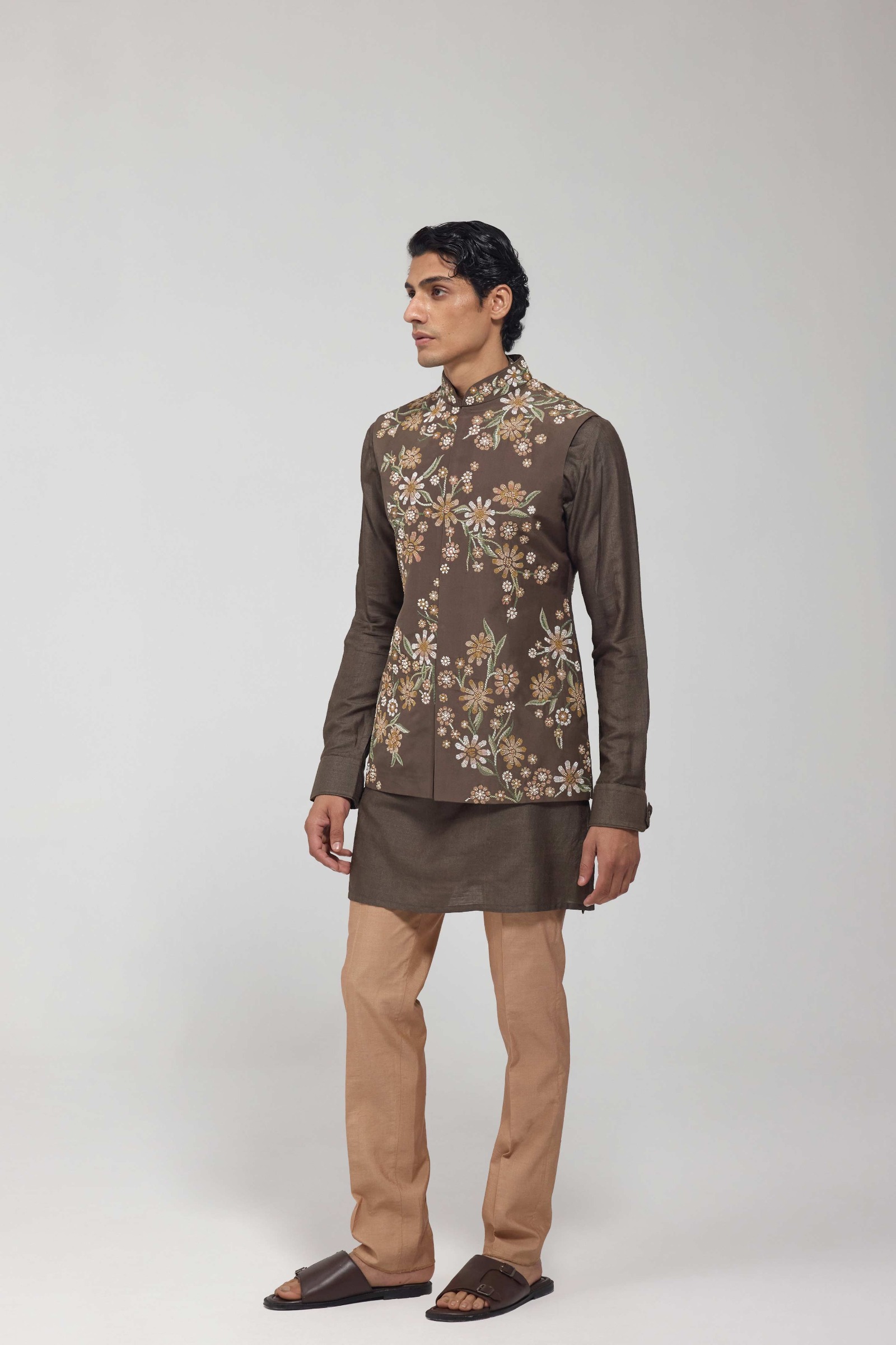 Olive Green Dupion Silk Embroidered Half Jacket Set