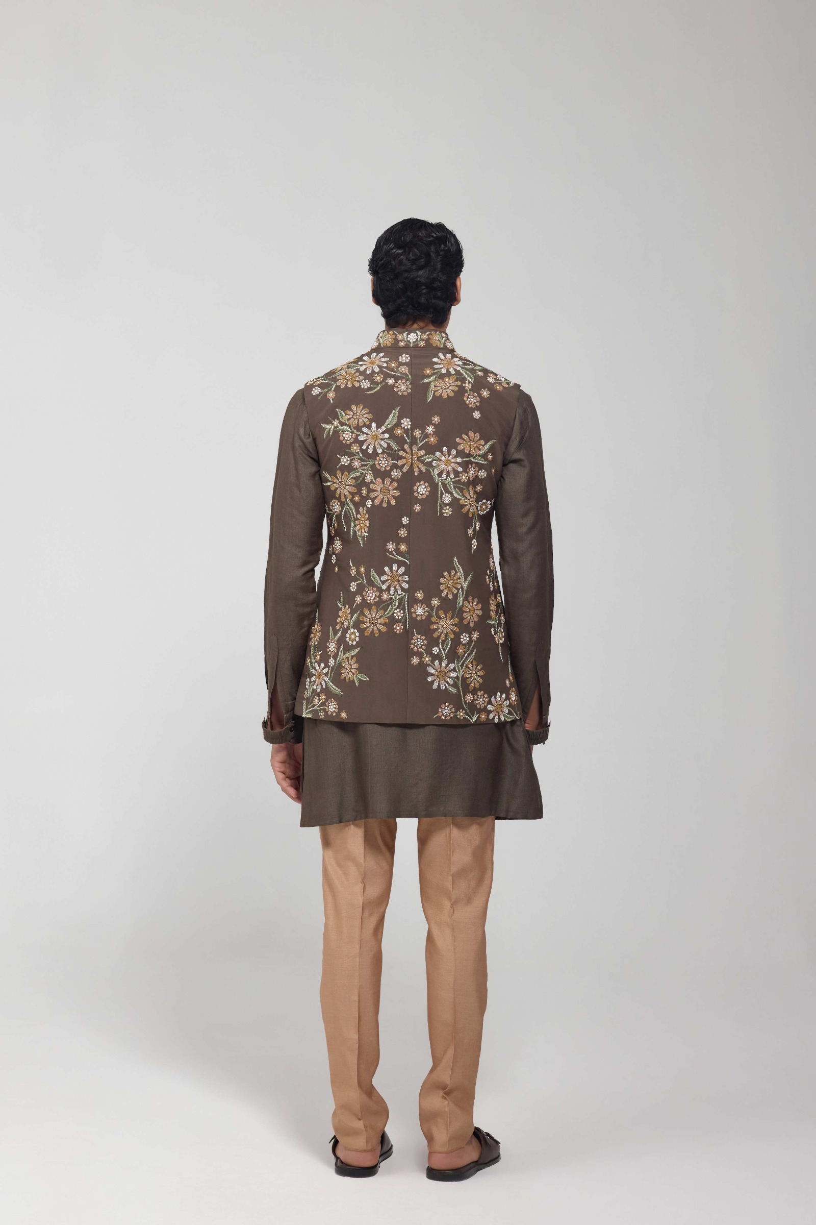 Olive Green Dupion Silk Embroidered Half Jacket Set