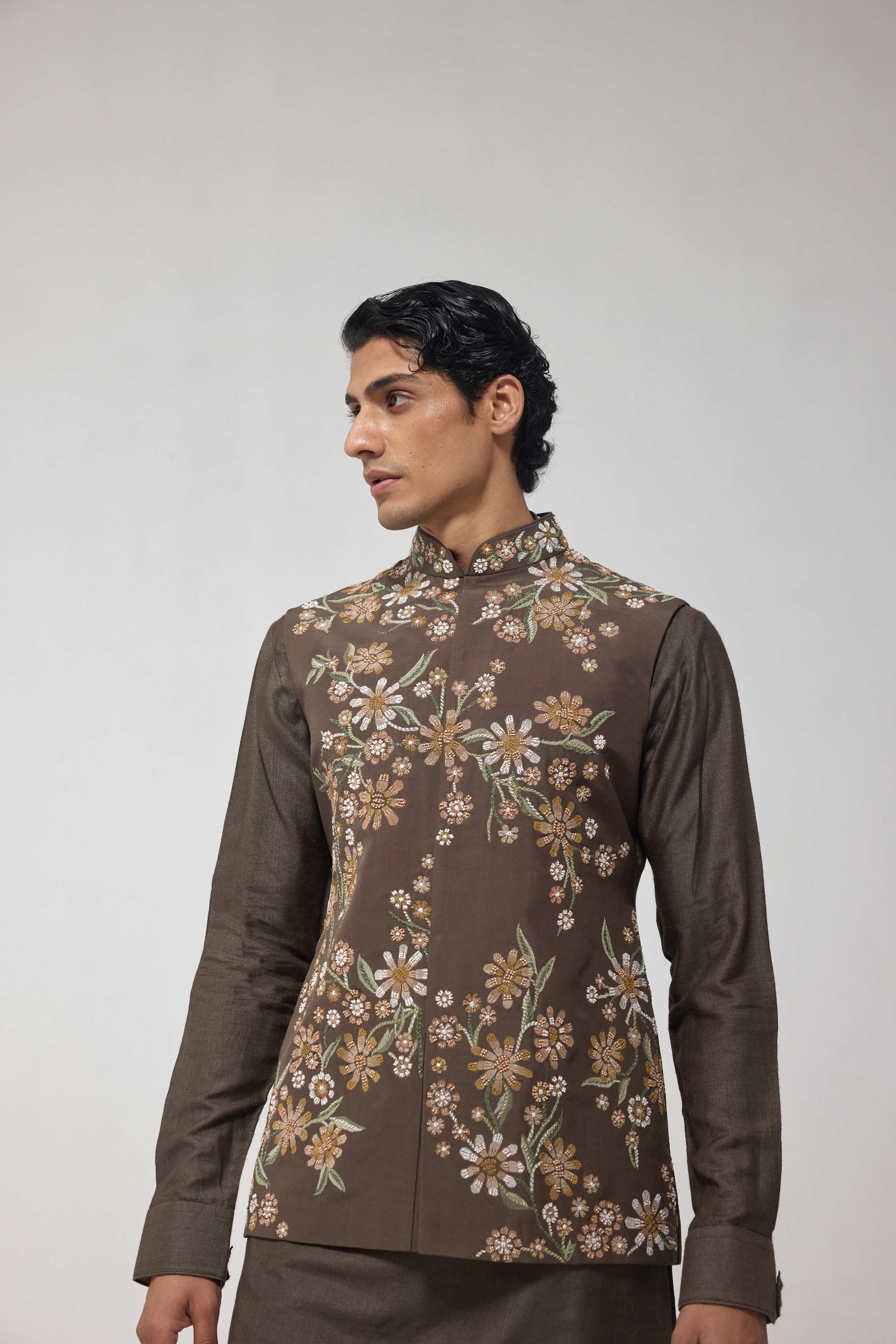 Olive Green Dupion Silk Embroidered Half Jacket Set