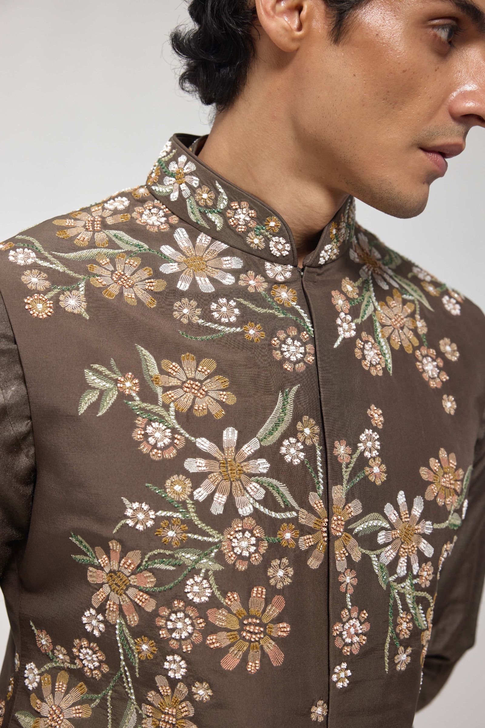 Olive Green Dupion Silk Embroidered Half Jacket Set