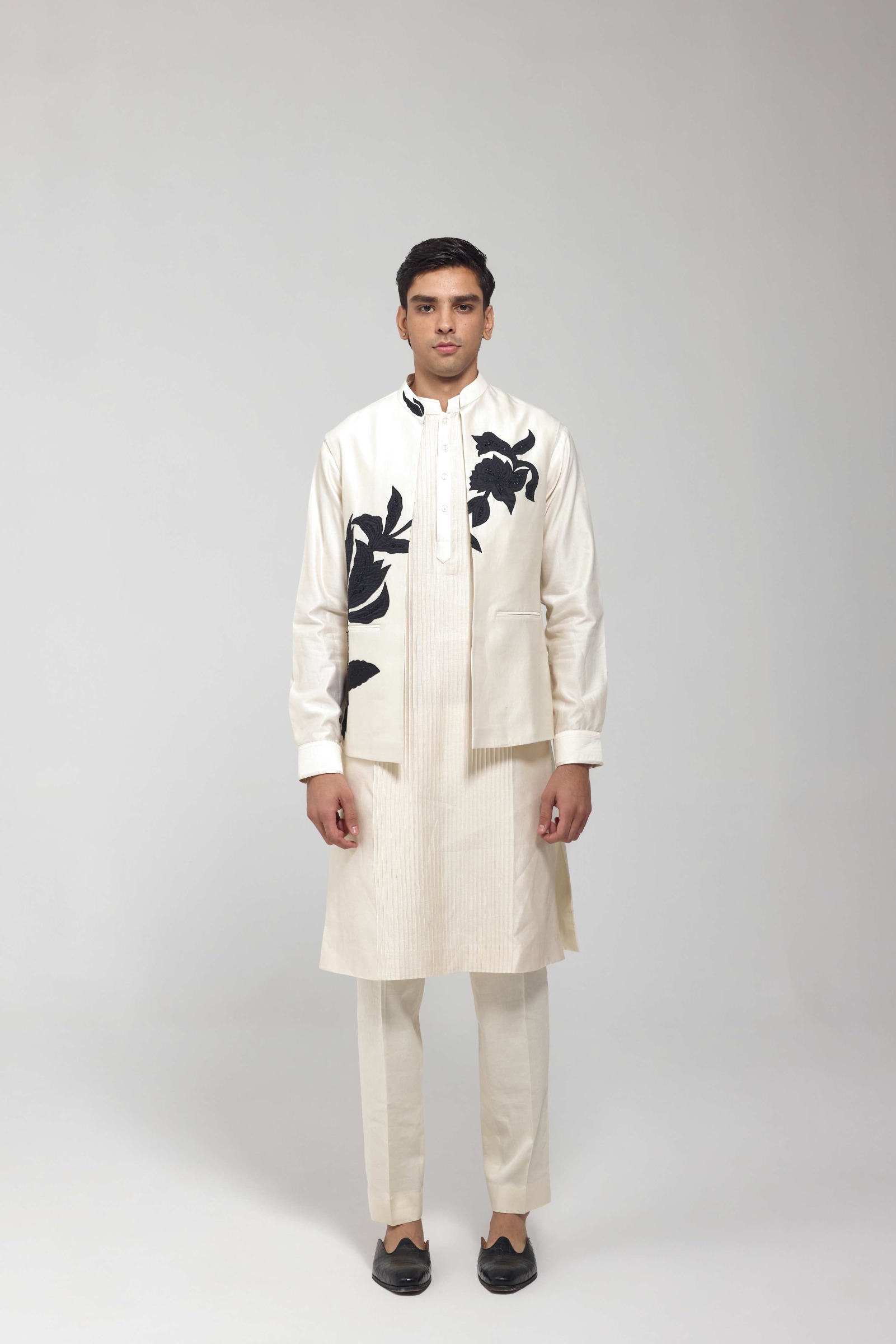 Off White Pintuck Half Jacket Kurta Set