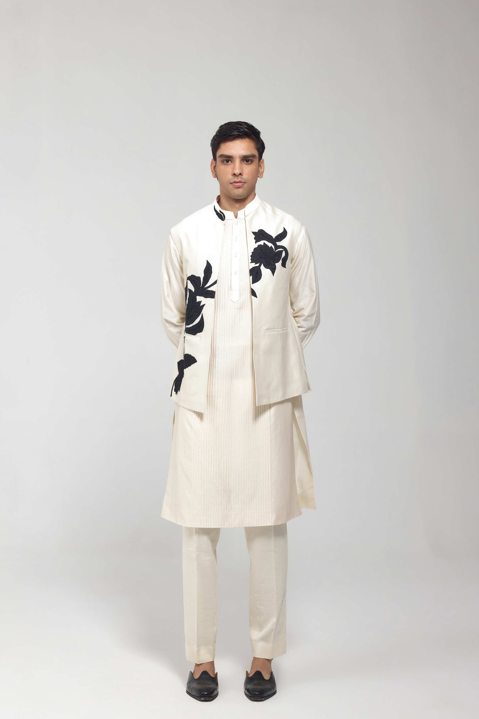 Off White Pintuck Half Jacket Kurta Set