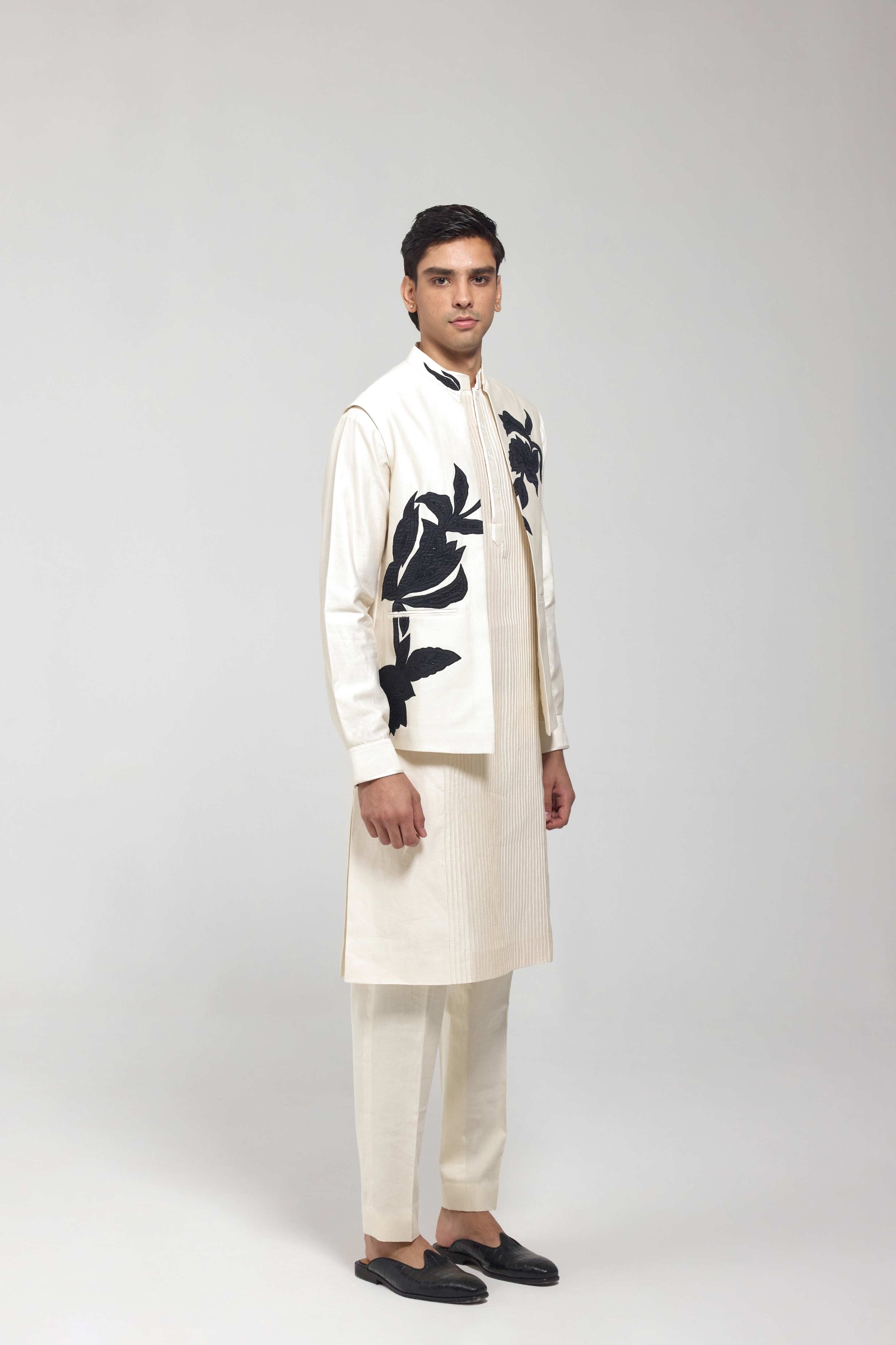 Off White Pintuck Half Jacket Kurta Set