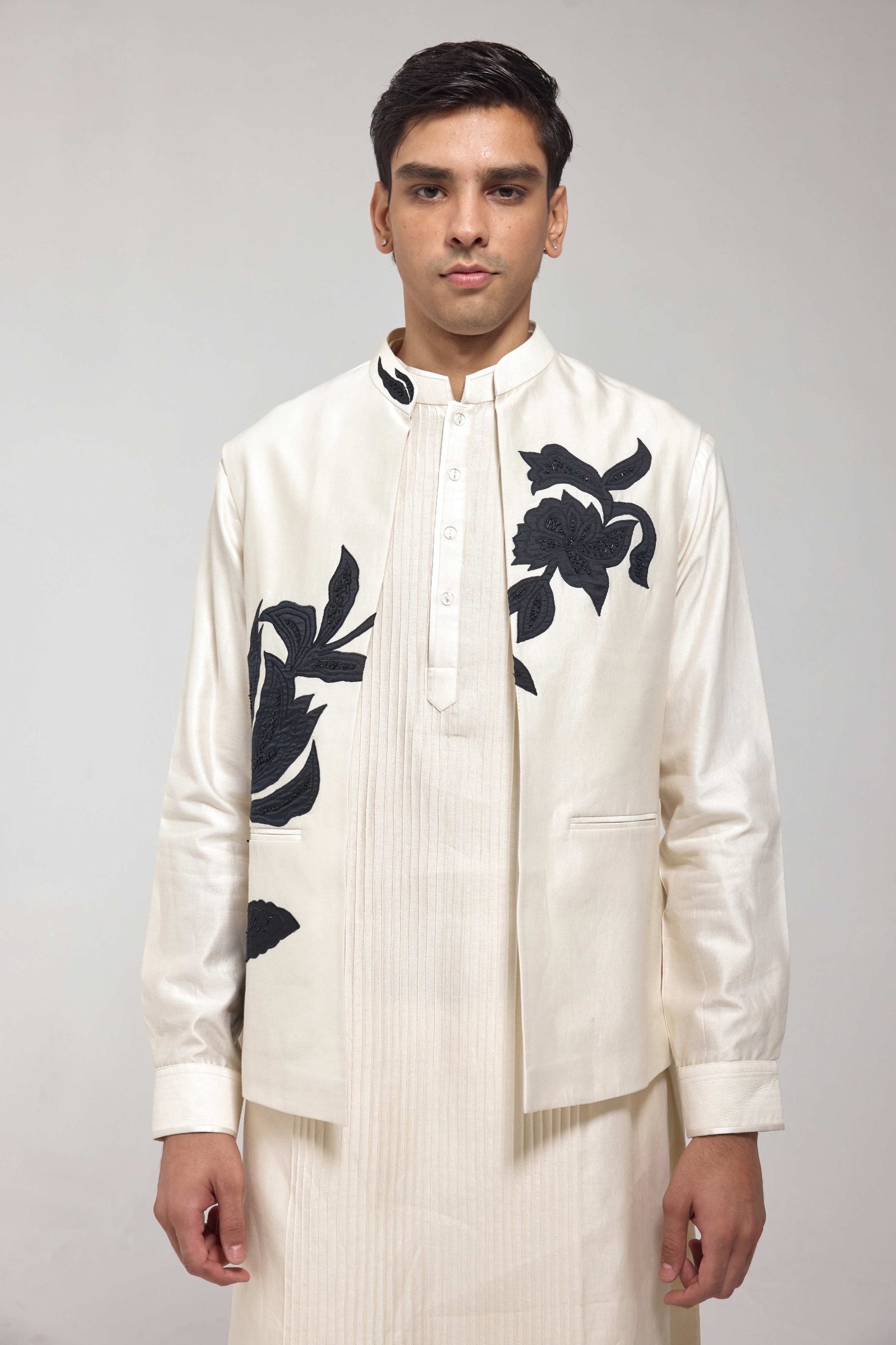 Off White Pintuck Half Jacket Kurta Set