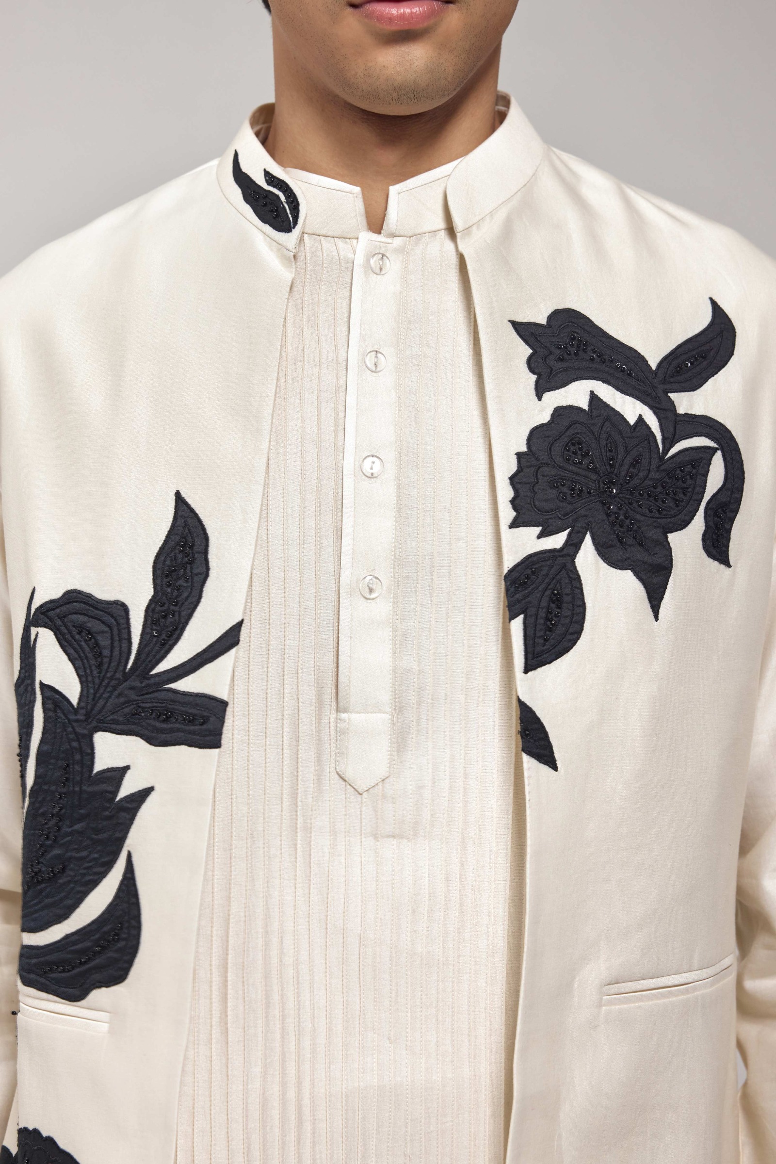 Off White Pintuck Half Jacket Kurta Set