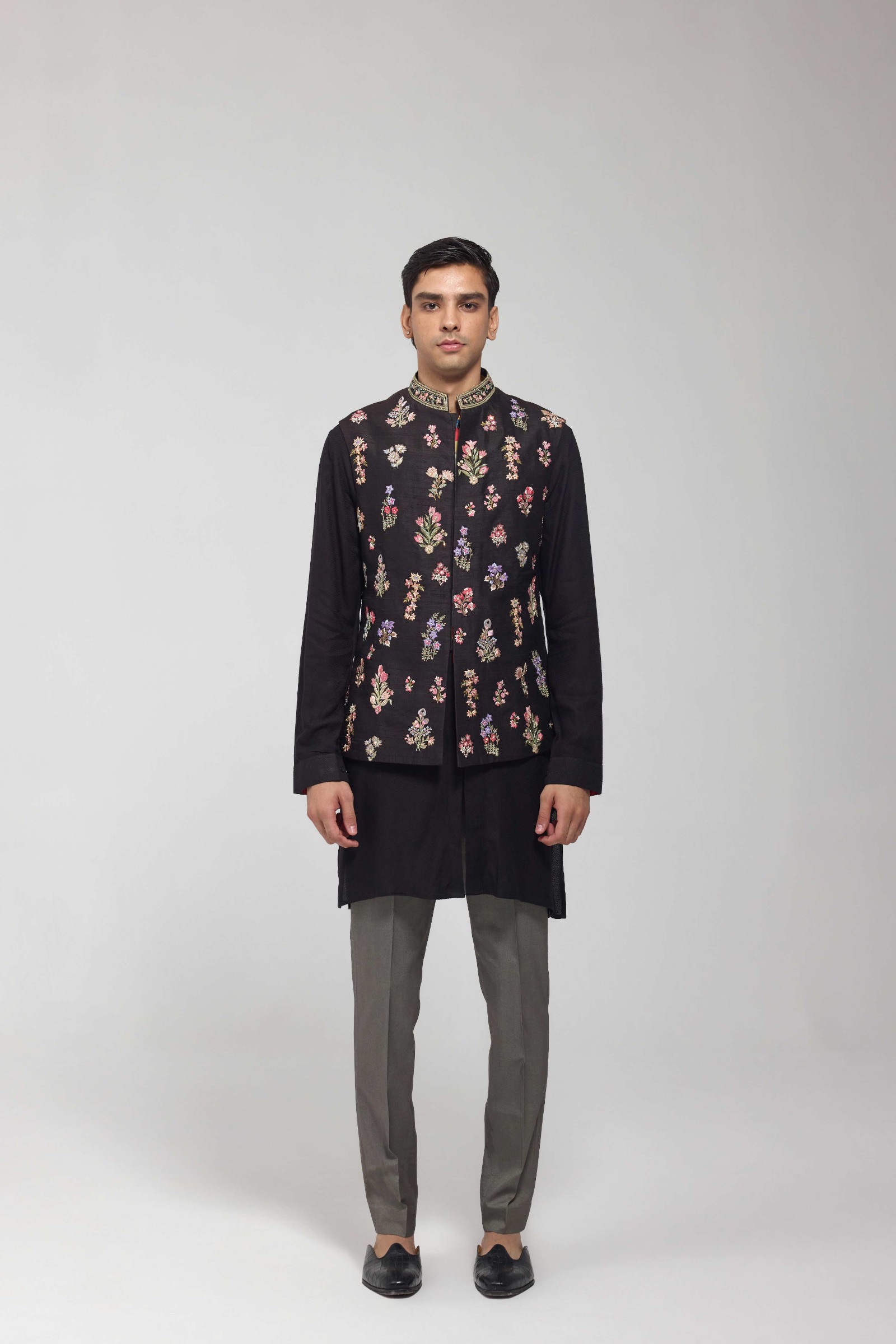 Black Embroidered Half Jacket Set