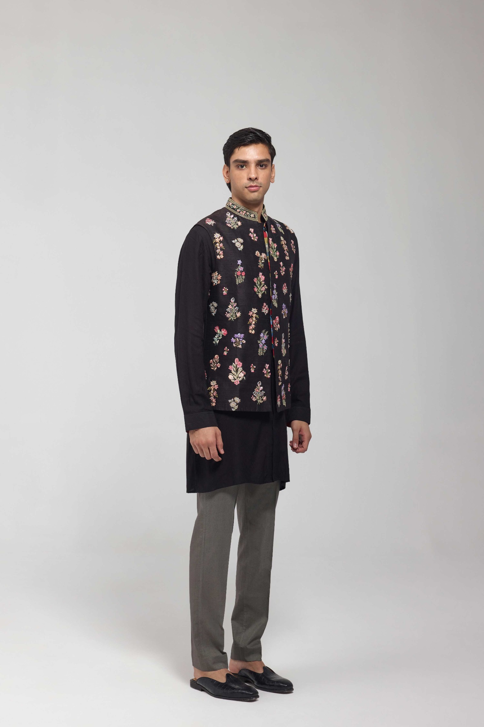 Black Embroidered Half Jacket Set