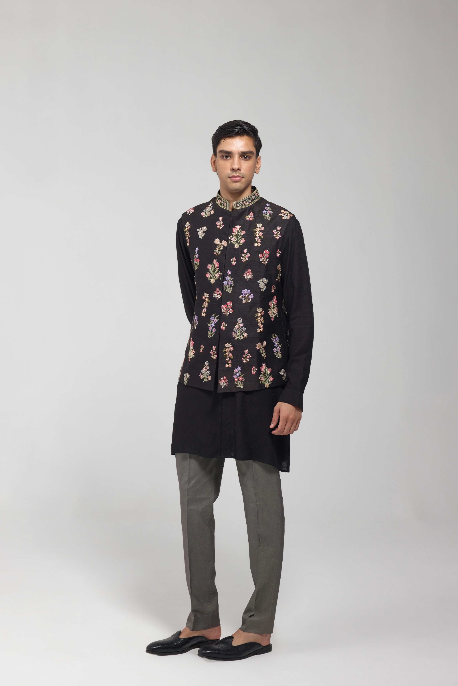 Black Embroidered Half Jacket Set