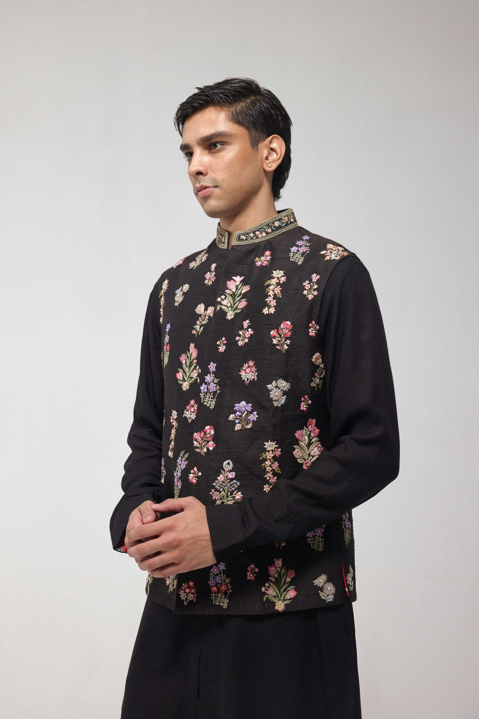 Black Embroidered Half Jacket Set