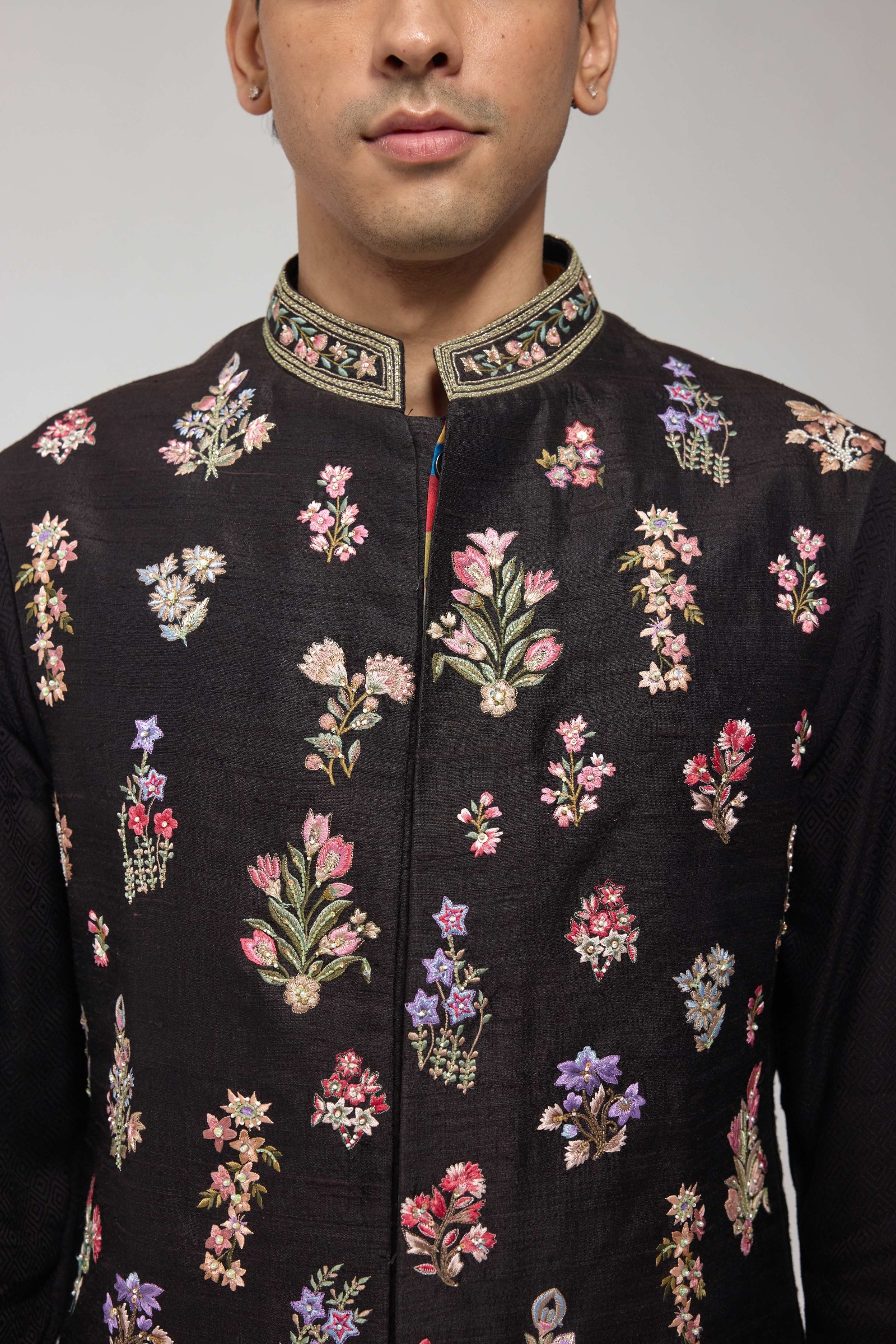 Black Embroidered Half Jacket Set
