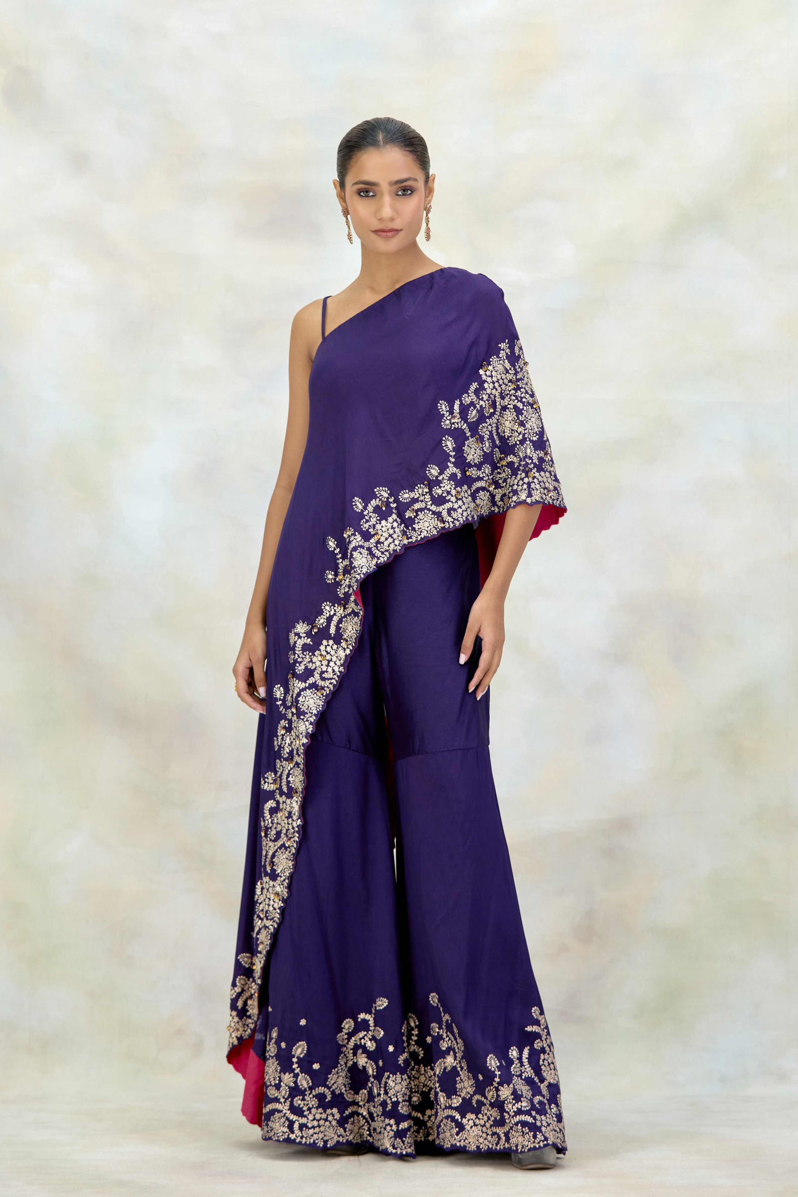 Purple Silk Asymmetric Sharara Set