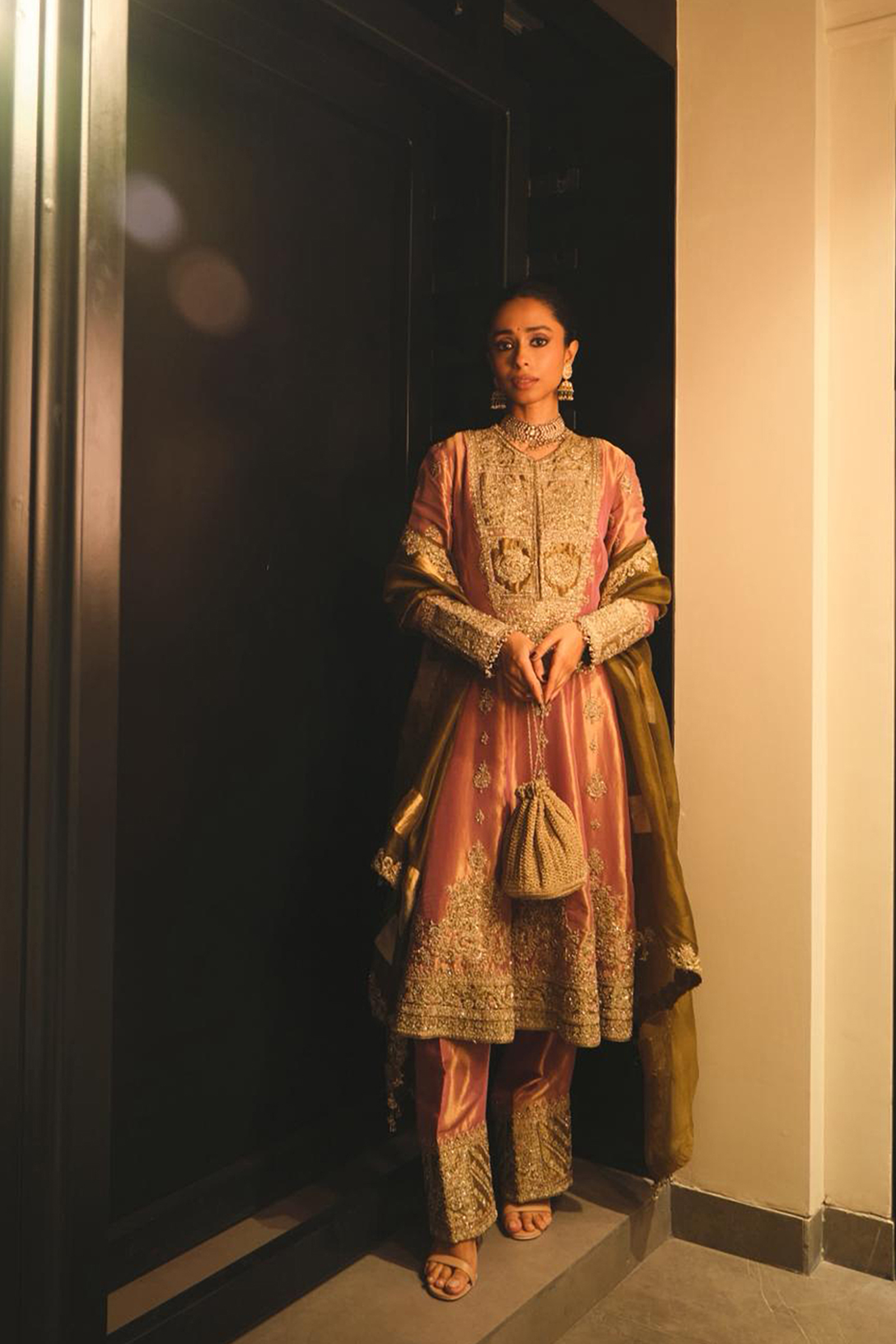 Tea Rose Pink Tissue Anarkali Set