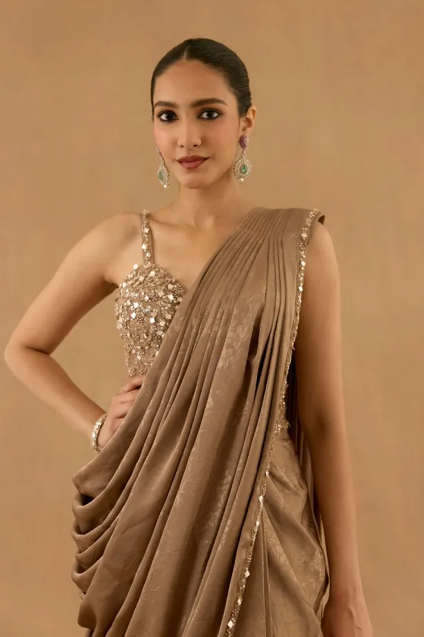 Mocha Brown Satin Drape Saree
