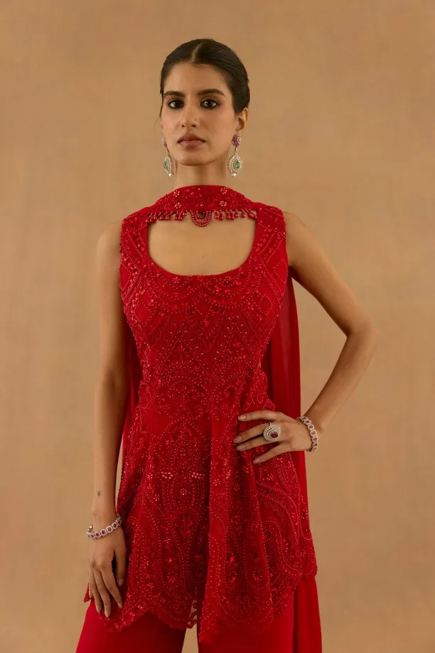 Crimson Red Georgette Sharara set