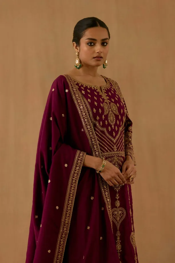 Wine Silk Sharara set