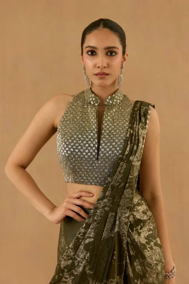 Olive Green georgette drape saree