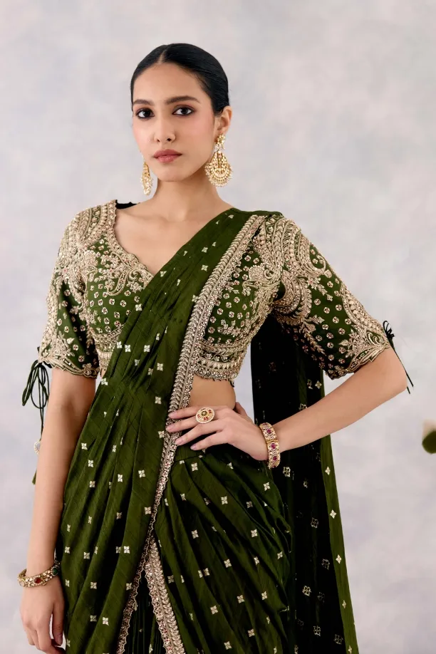 Olive Green Silk Drape Saree