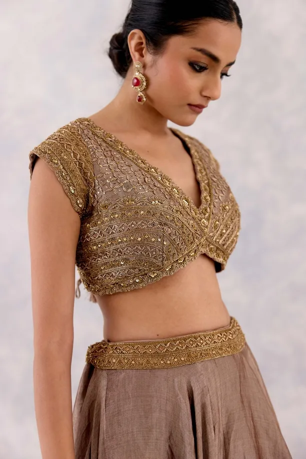 Gold brown tissue silk lehenga set