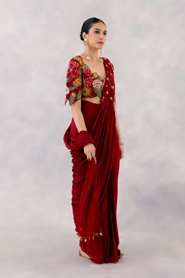 Maroon Crepe Silk Drape saree