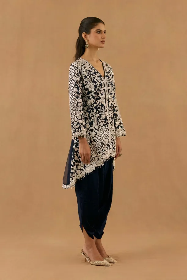 Midnight Blue Net Dhoti Set