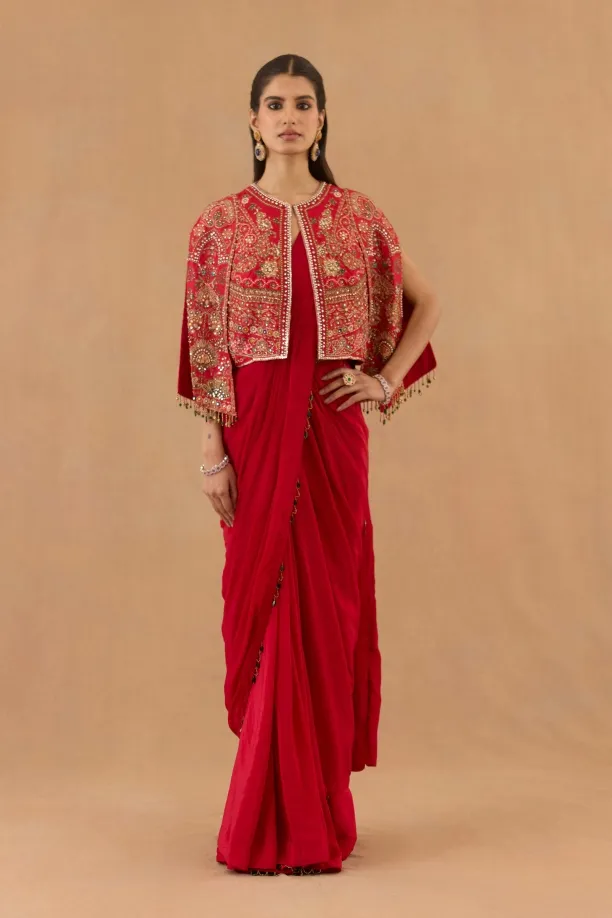 Red Crepe Drape Saree