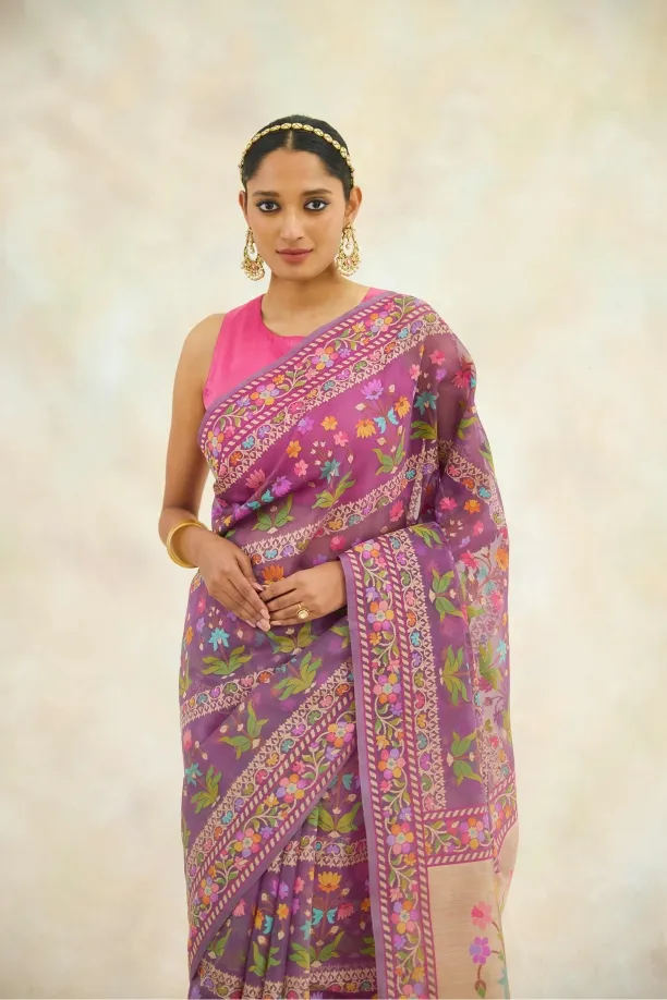 Ebony Purple Organza Jamdani Saree