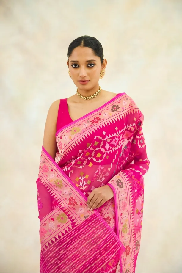 Raspberry Pink Organza Jamdani Saree