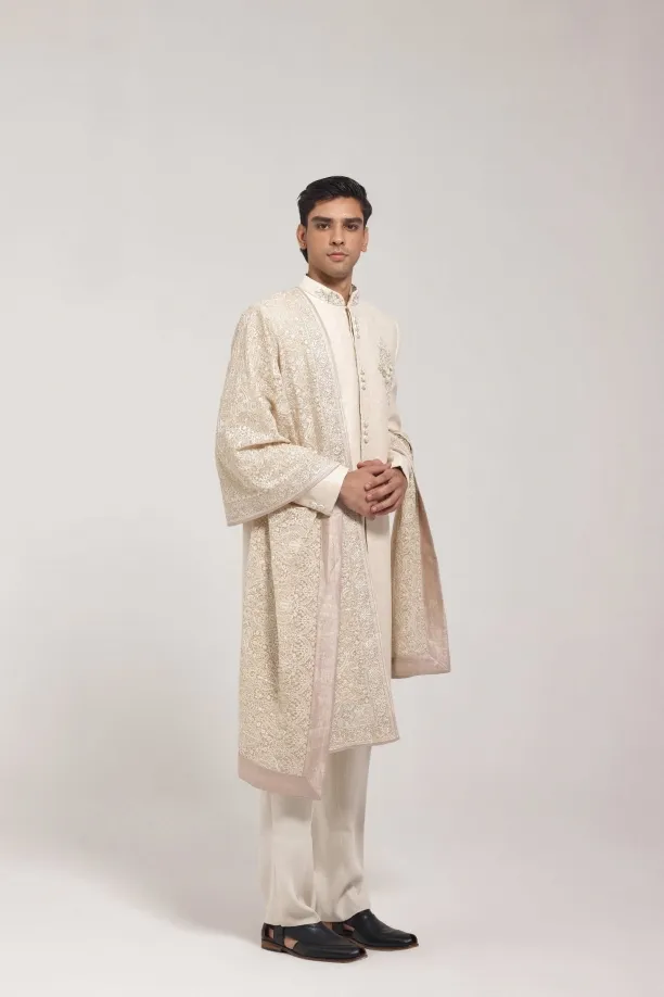 Beige Brocade Sherwani Set
