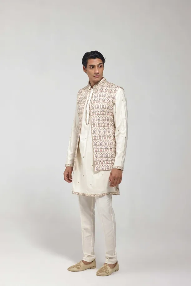 Ivory Embroidered Raw Silk Half Jacket Set