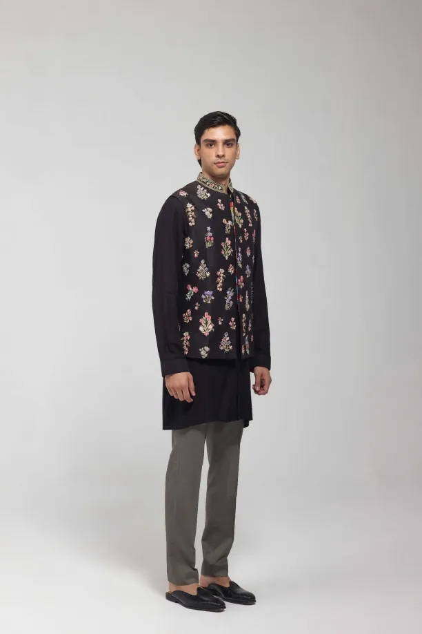 Black Embroidered Half Jacket Set