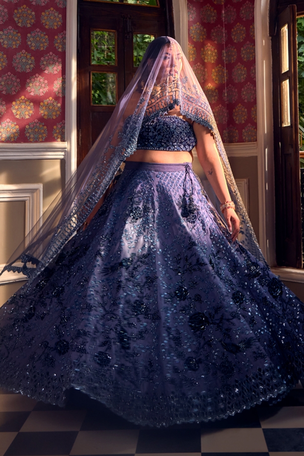 Organza geometrical Smokey Blue Lehenga 