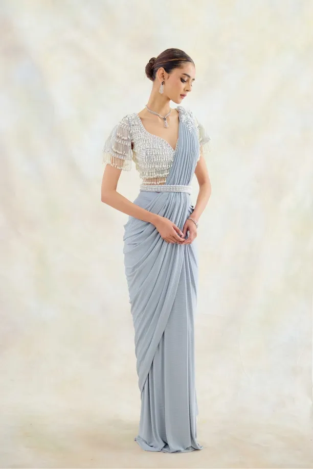 Powder Blue Embroidered Saree