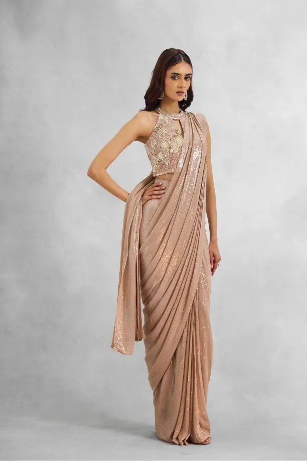 Light Bark Sequin Drape Saree