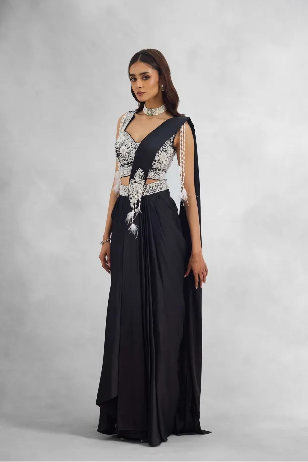 Black Embroidered Satin Drape Saree