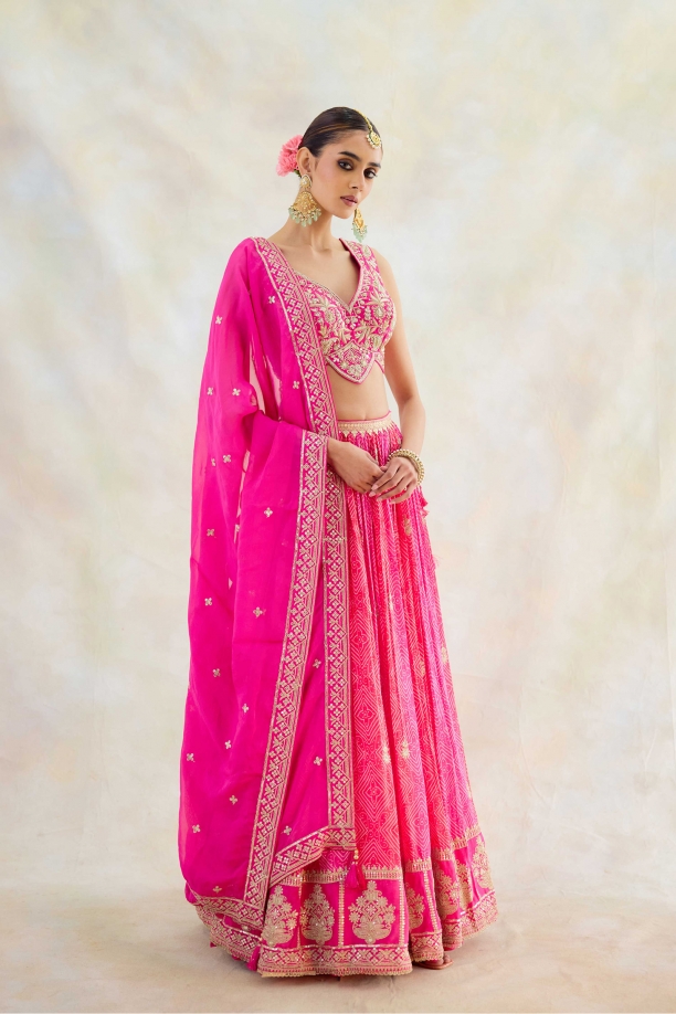 French Rose Pink Leheriya Lehenga Set 