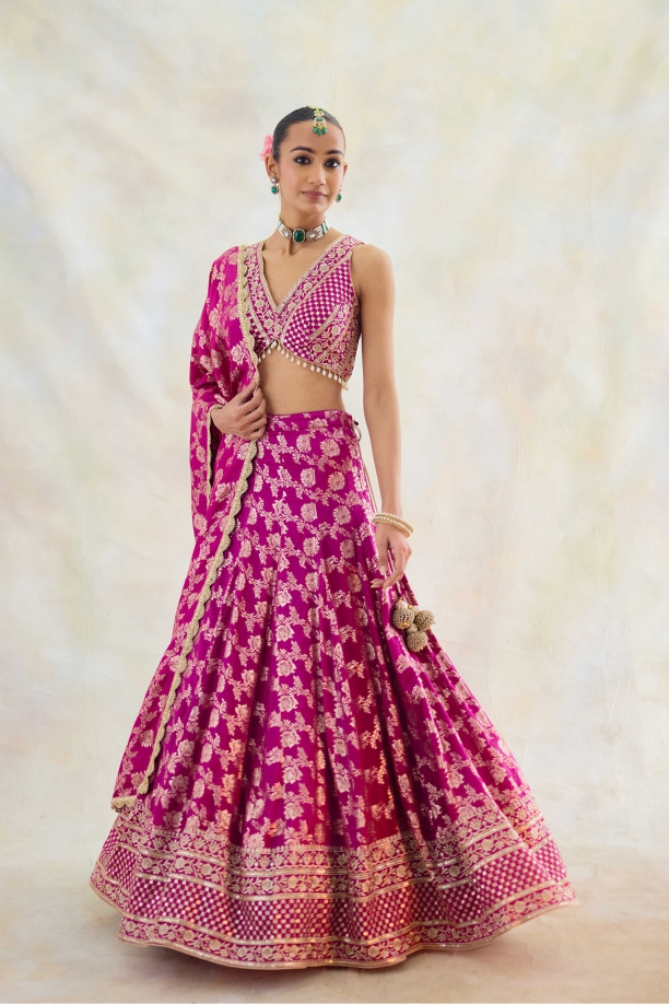 Magenta Pink  Banarasi Tissue Lehenga Set 